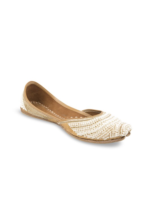 Women White & Gold-Toned Embroidered Handcrafted Juttis 36