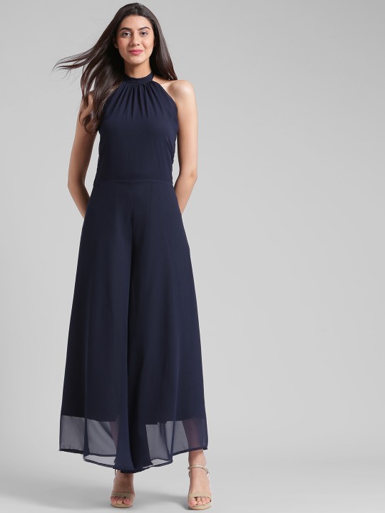 Navy Blue Solid Basic Jumpsuit XL