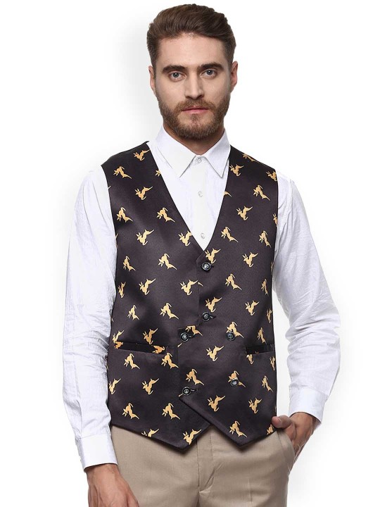 Men Black Printed Waistcoat 36