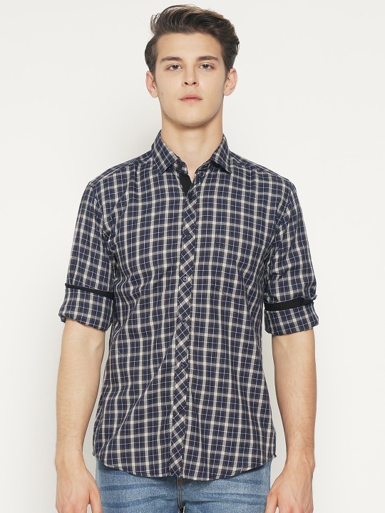 Men Navy Blue & White Slim Fit Checked Casual Shirt 38