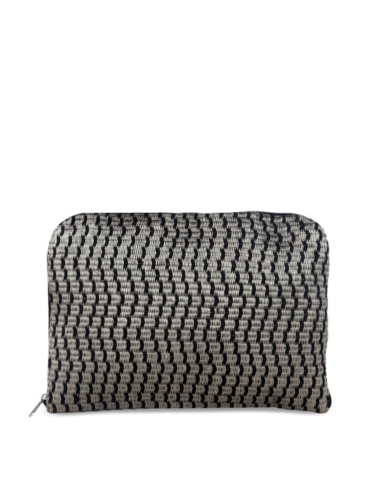 Silver-Toned & Black Embroidered Clutch
