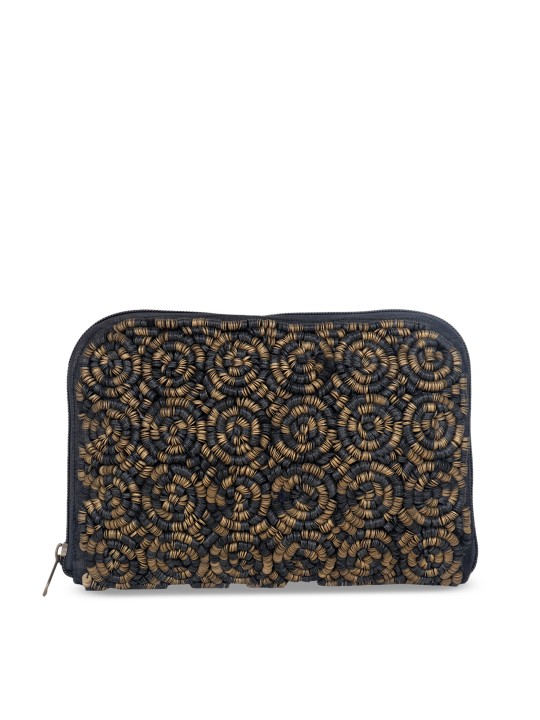 Grey & Copper-Toned Embroidered Clutch