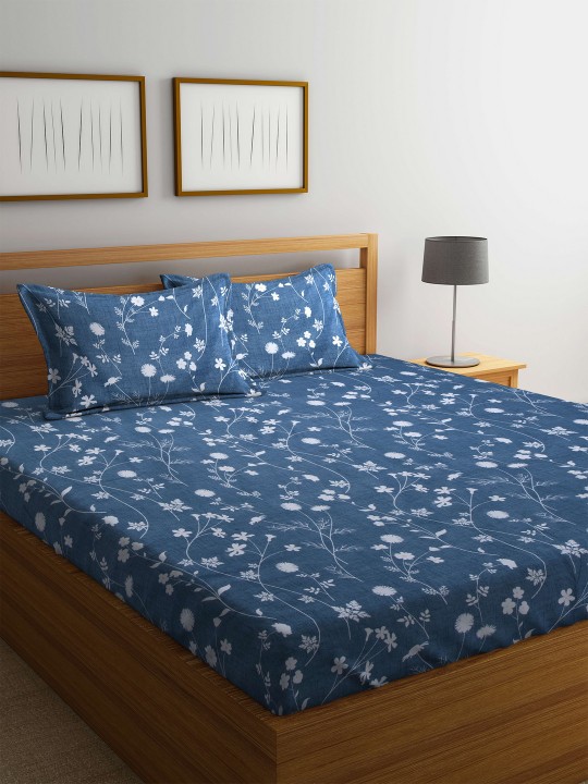 Grey Floral Flat 120 TC 1 Queen Bedsheet with 2 Pillow Covers
