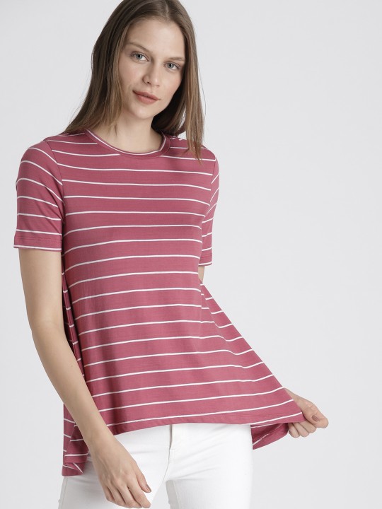 Women Pink Striped Round Neck T-shirt XS