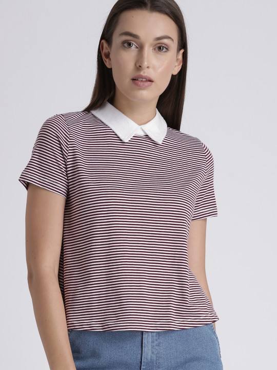 Women Maroon Striped Polo Collar T-shirt XS