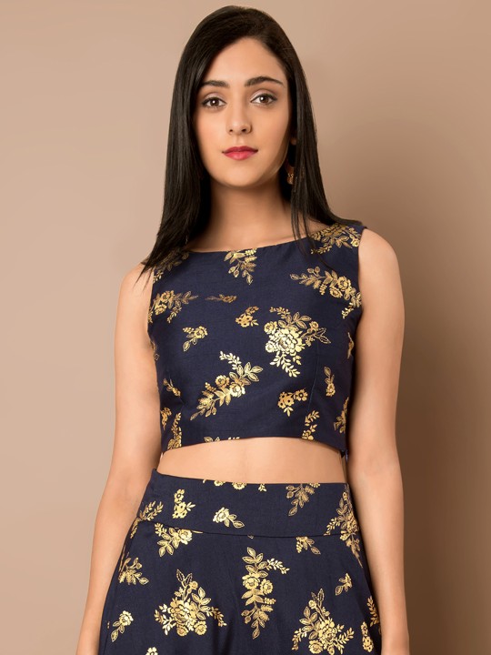 Women Navy Blue Printed Fitted Top XS