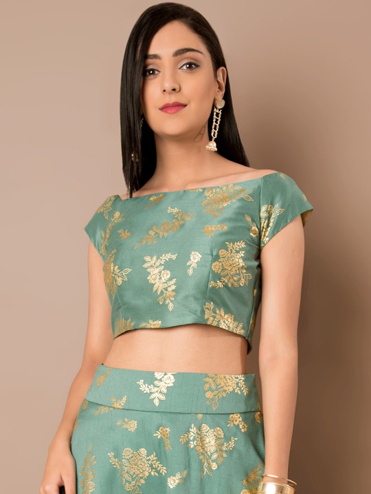 Women Sea Green Printed Fitted Top XS