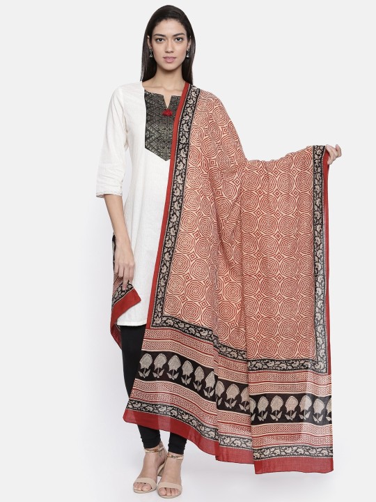 Beige & Maroon Block Print Dupatta