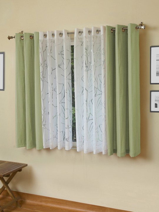 Olive Green & White Set of 4 Window Curtains