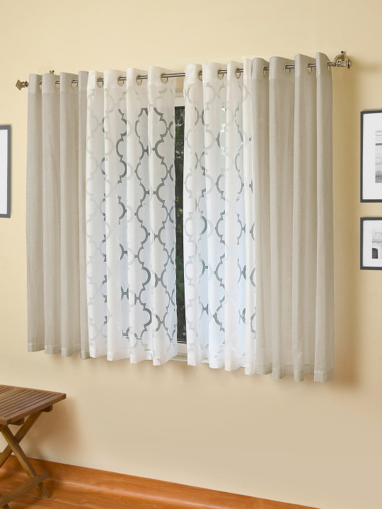 Beige & White Set of 4 Window Curtains