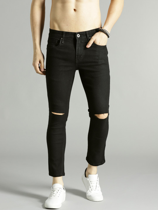 Roadster Men Black Skinny Fit Mid-Rise Slash Knee Stretchable Cropped Jeans