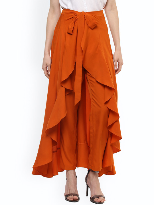 Women Rust Solid Ruffled Flared Maxi Skirt with Attached Trousers 31