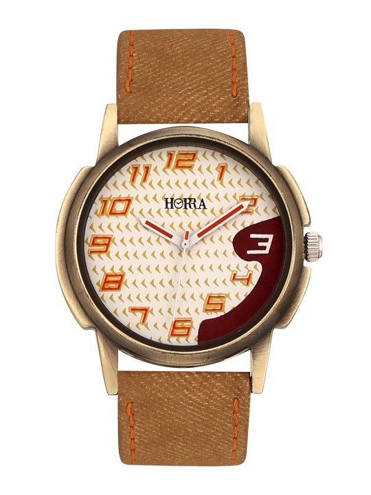 Men Off-White & Brown Analogue Watch