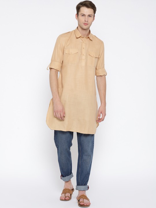 Men Beige Solid Pathani Kurta M