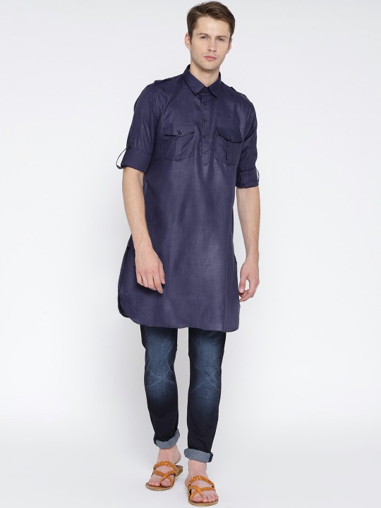 Men Navy Blue Solid Pathani Kurta M