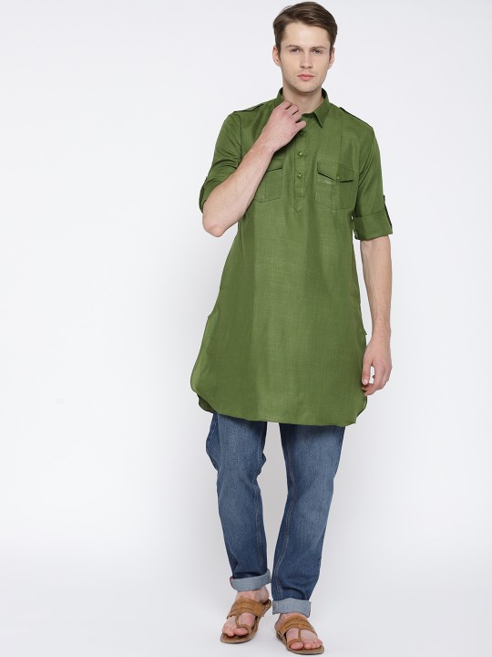Men Green Solid Pathani Kurta M