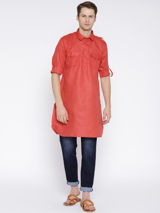 Men Red Solid Pathani Kurta M