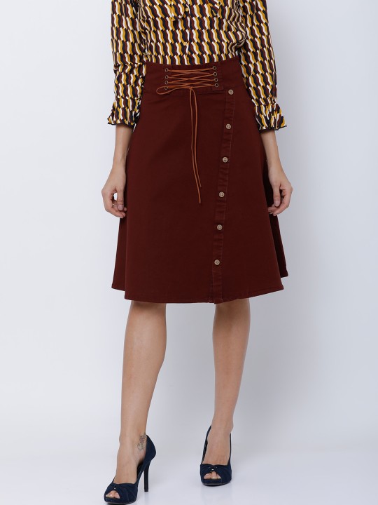 Maroon A-Line Flared Maxi Skirt 34