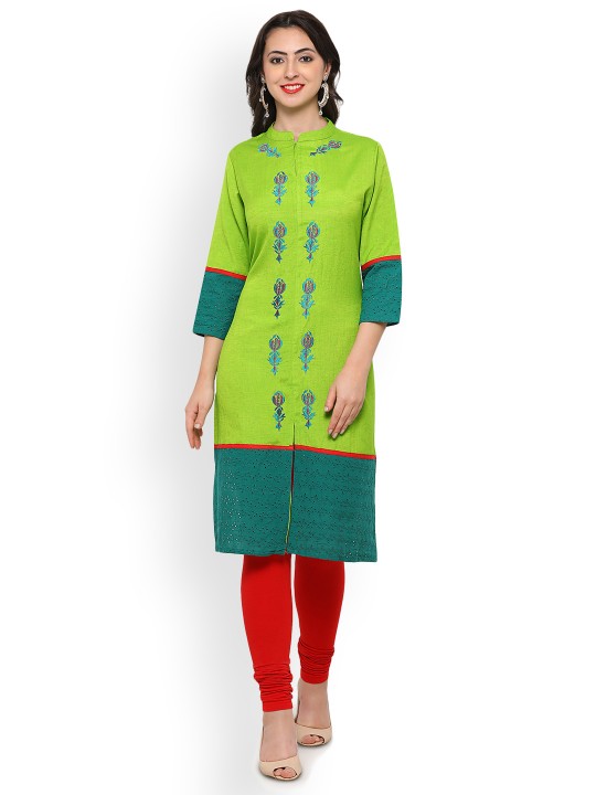 Women Green Woven Design Straight Kurti Onesize