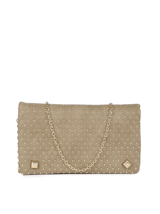 Beige Studded Foldover Clutch
