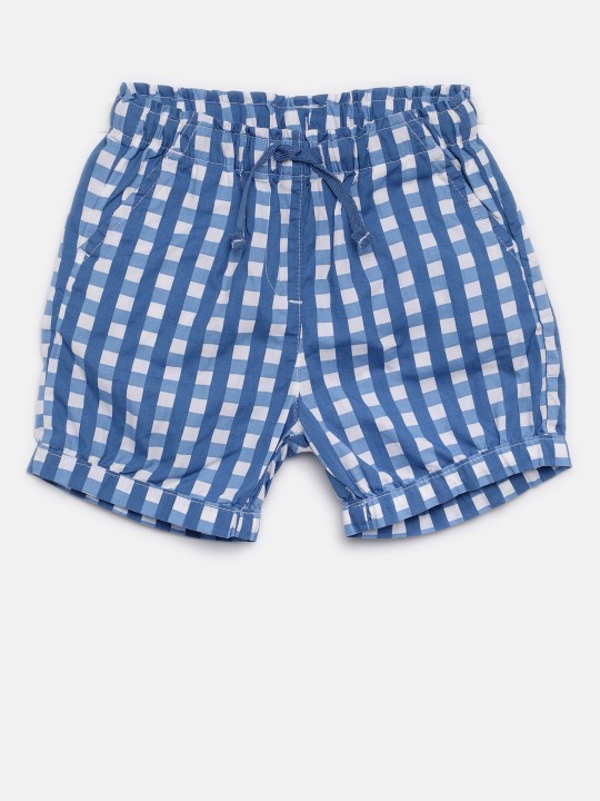 Girls Blue Checked Regular Fit Shorts 6-12M