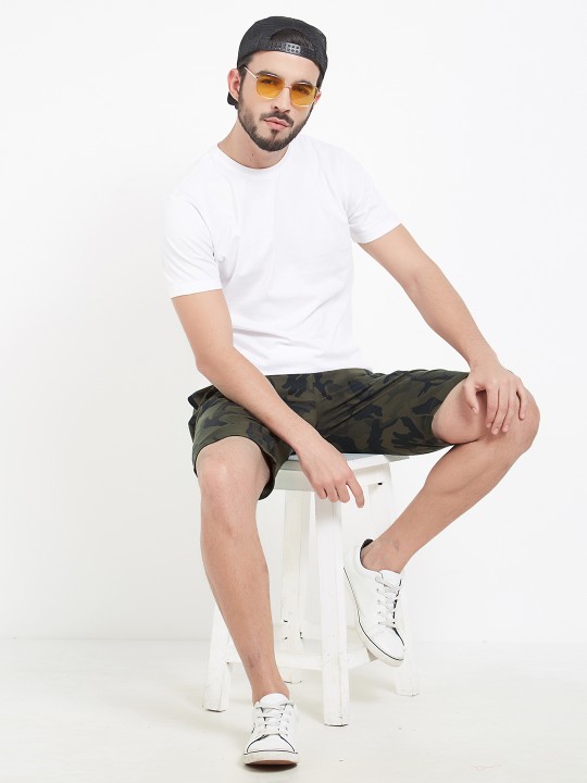Men Olive Green Printed Slim Fit Regular Shorts 32