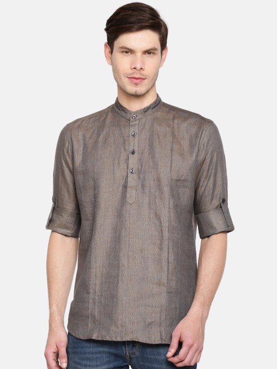 Men Grey Linen Solid Straight Kurta M