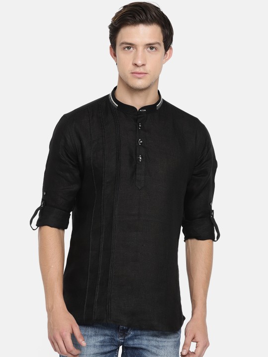 Men Black Woven Design Straight Linen Kurta M