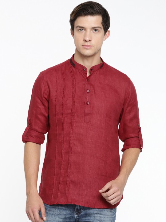 Men Maroon Woven Design Straight Kurta M