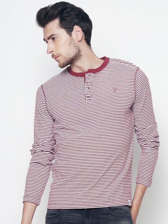 Men Red & White Striped Henley Neck T-shirt S