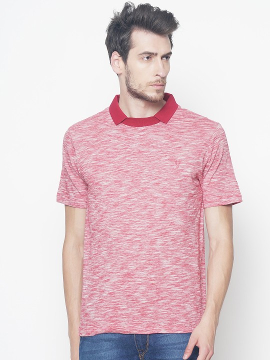 Men Red Self Design Polo Collar T-shirt S