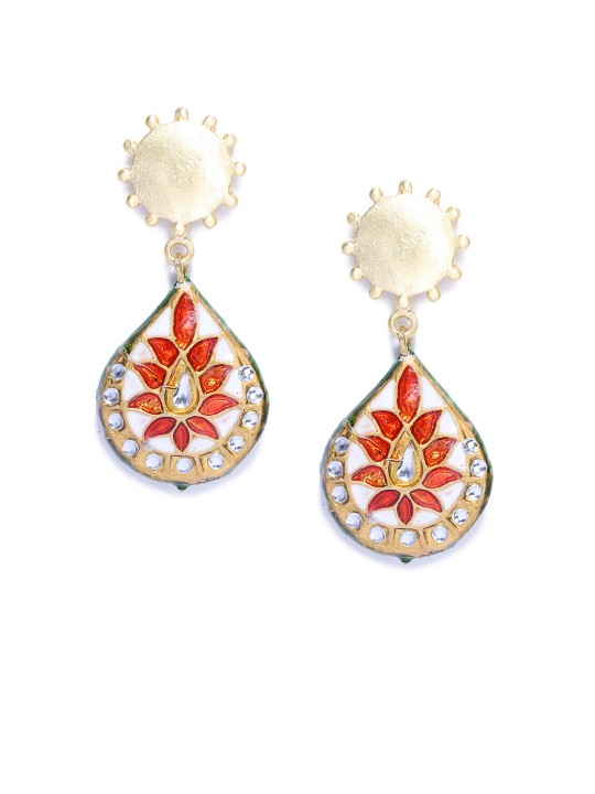 Gold-Toned & Red Contemporary Drop Earrings