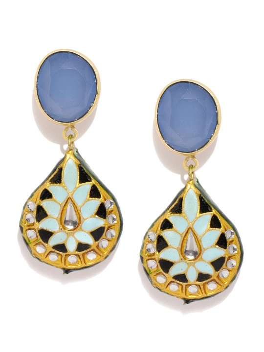 Gold-Toned & Blue Teardrop Shaped Drop Earrings