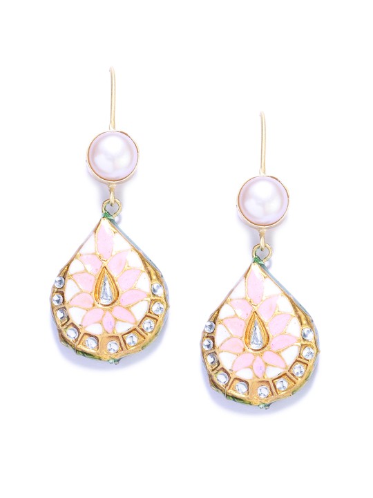 Gold-Toned & White Teardrop Shaped Drop Earrings