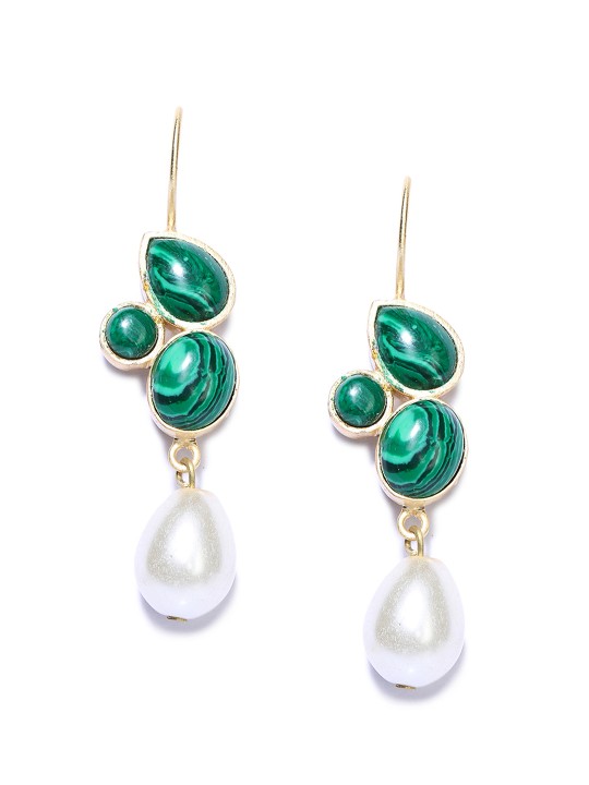 Gold-Toned & Green Contemporary Drop Earrings