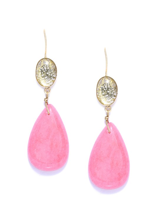 Gold-Toned & Pink Teardrop Shaped Drop Earrings