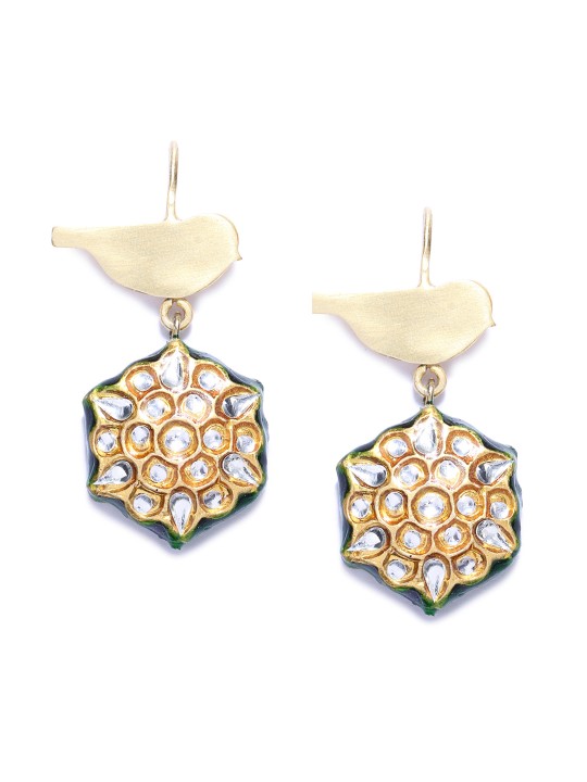 Gold-Toned & Green Geometric Drop Earrings