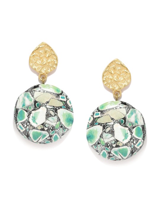 Gold-Toned & Green Circular Drop Earrings