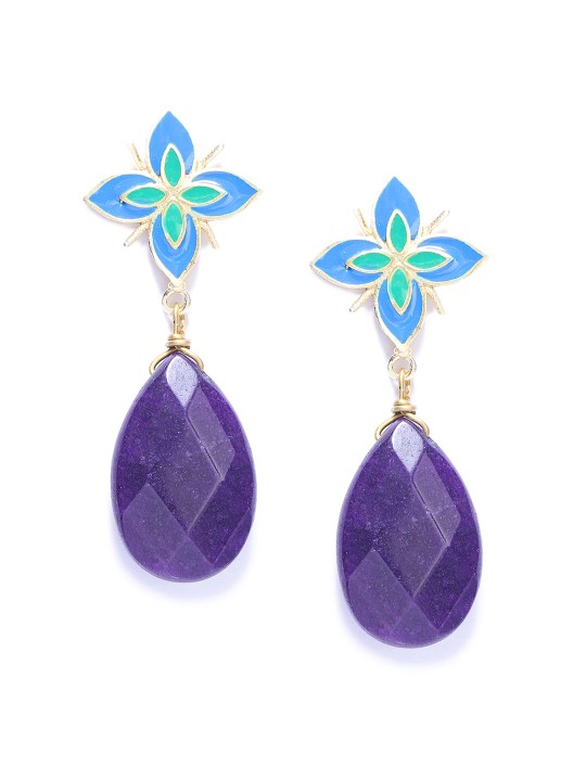 Gold-Toned & Blue Floral Drop Earrings
