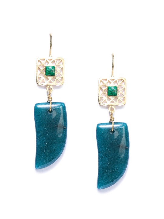 Gold-Toned & Green Contemporary Drop Earrings