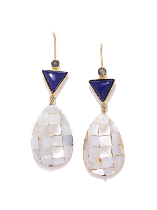 Gold-Plated & White Contemporary Drop Earrings