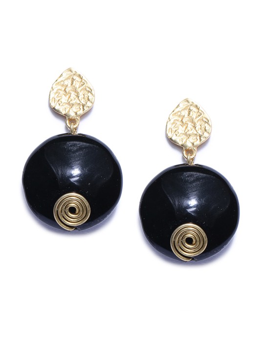 Gold-Toned & Stamped Black Round Drop Earrings