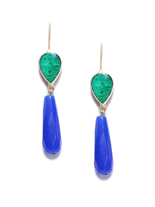 Gold-Toned & Blue & Green Inverted Enamel Drop Earrings