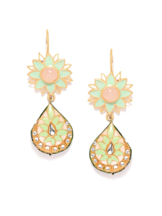Gold-Toned & Green Teardrop Shaped Drop Earrings