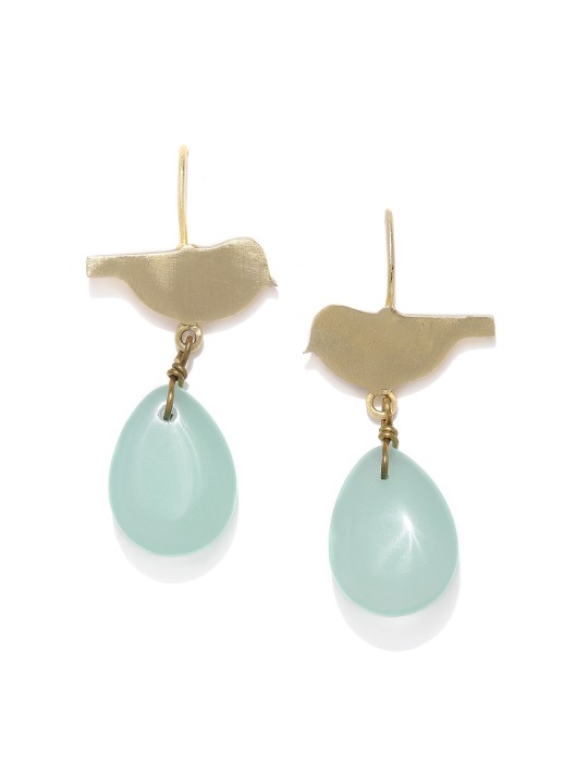 Gold-Plated & Sea Green Contemporary Drop Earrings