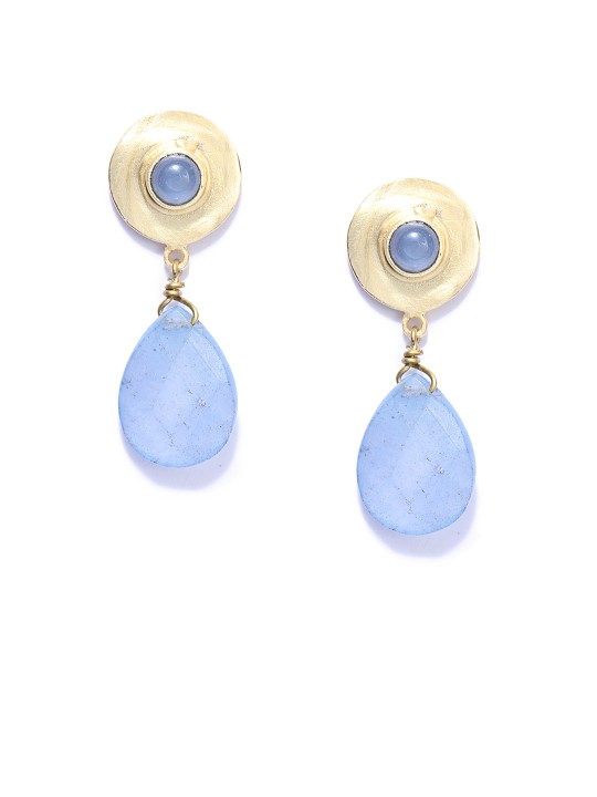 Gold-Toned & Blue Teardrop Shaped Drop Earrings