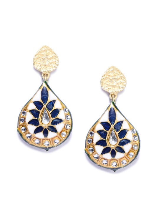 Navy Blue Gold-Plated Stamped Laquered Bead Oval Drop Earrings