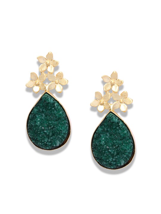 Gold-Toned & Green Teardrop Shaped Drop Earrings