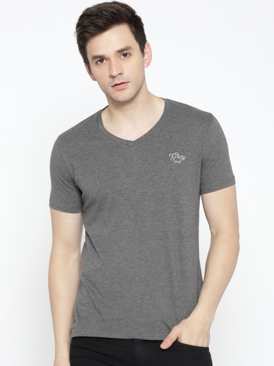 Men Charcoal Grey Solid V-Neck T-shirt XS