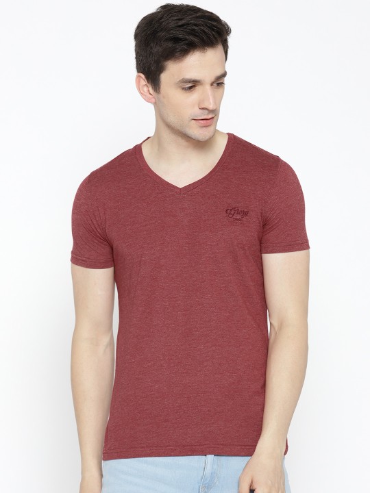 Men Maroon Solid V-Neck T-shirt XS